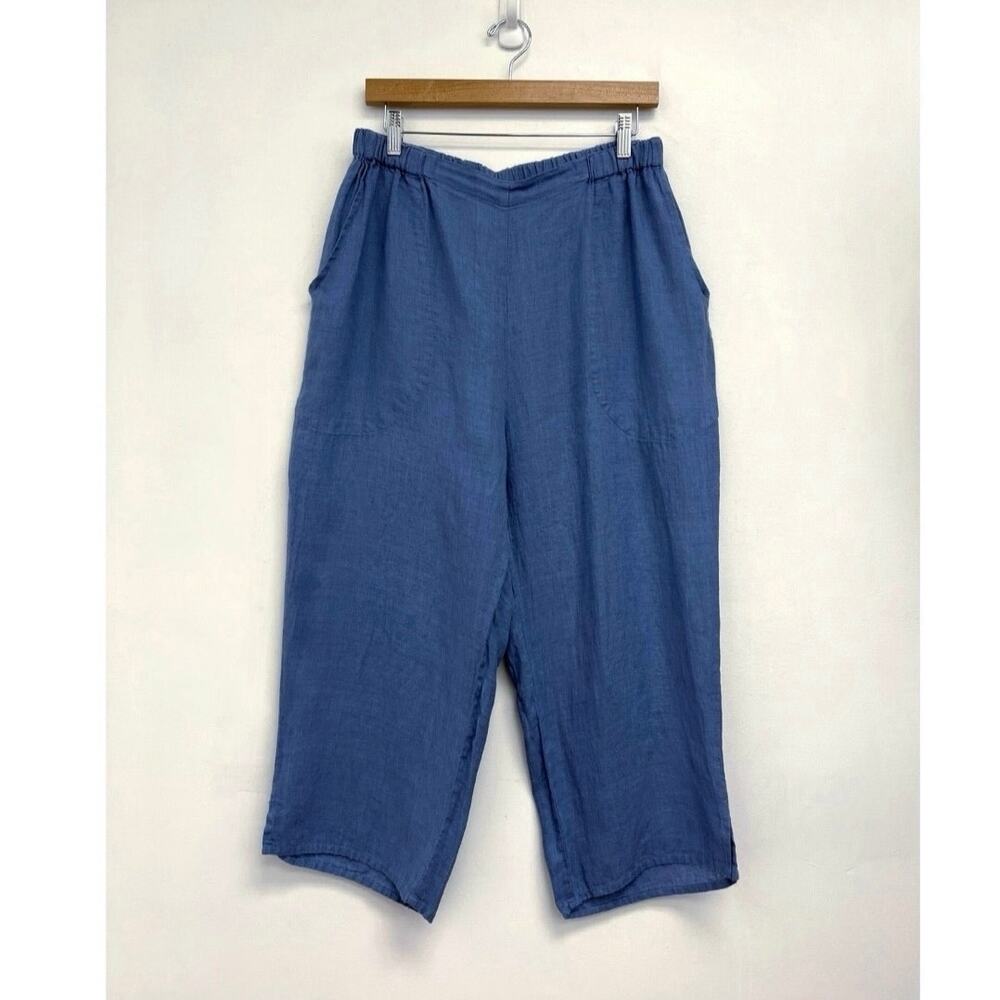 FLAX 100% Linen Floods Pull On Elastic Waist Crop Relaxed Pant Cornflower Medium